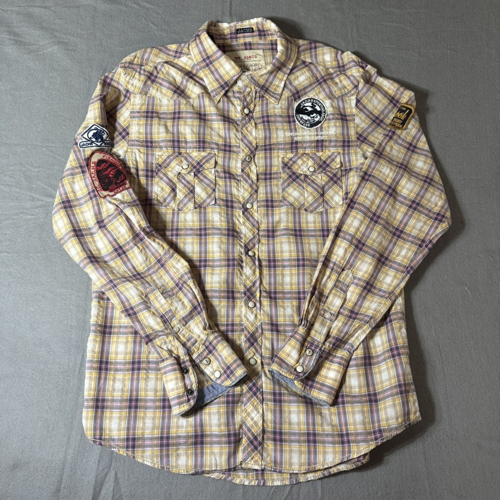 Jachs NY Western Snap Shirt Mens XL Plaid Embroidered Patch Y2K Fishing